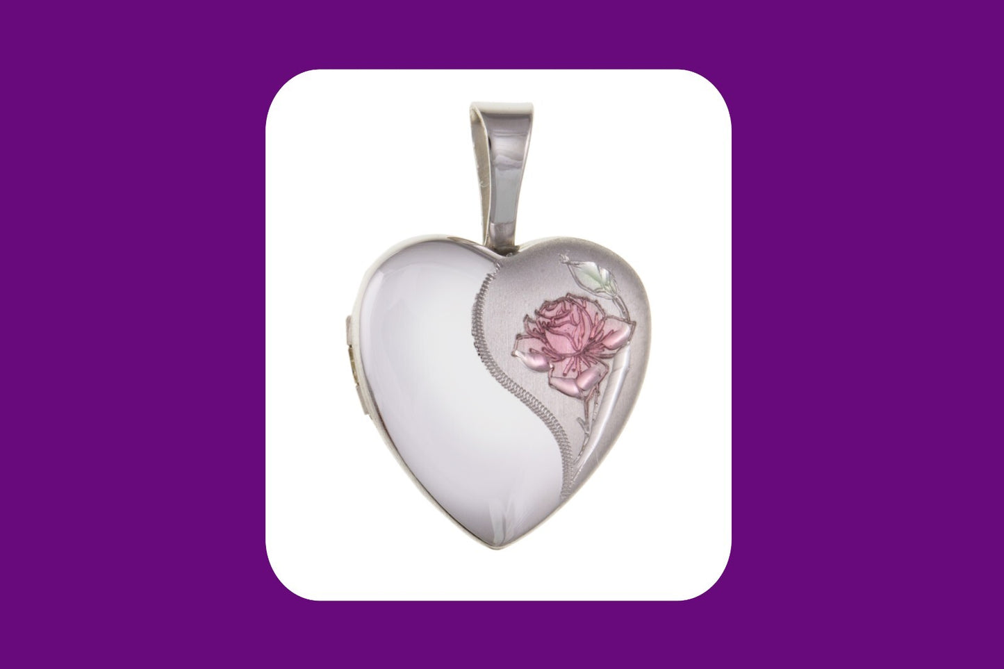 Elegant Pink Rose Heart Locket with intricate floral design in polished silver finish