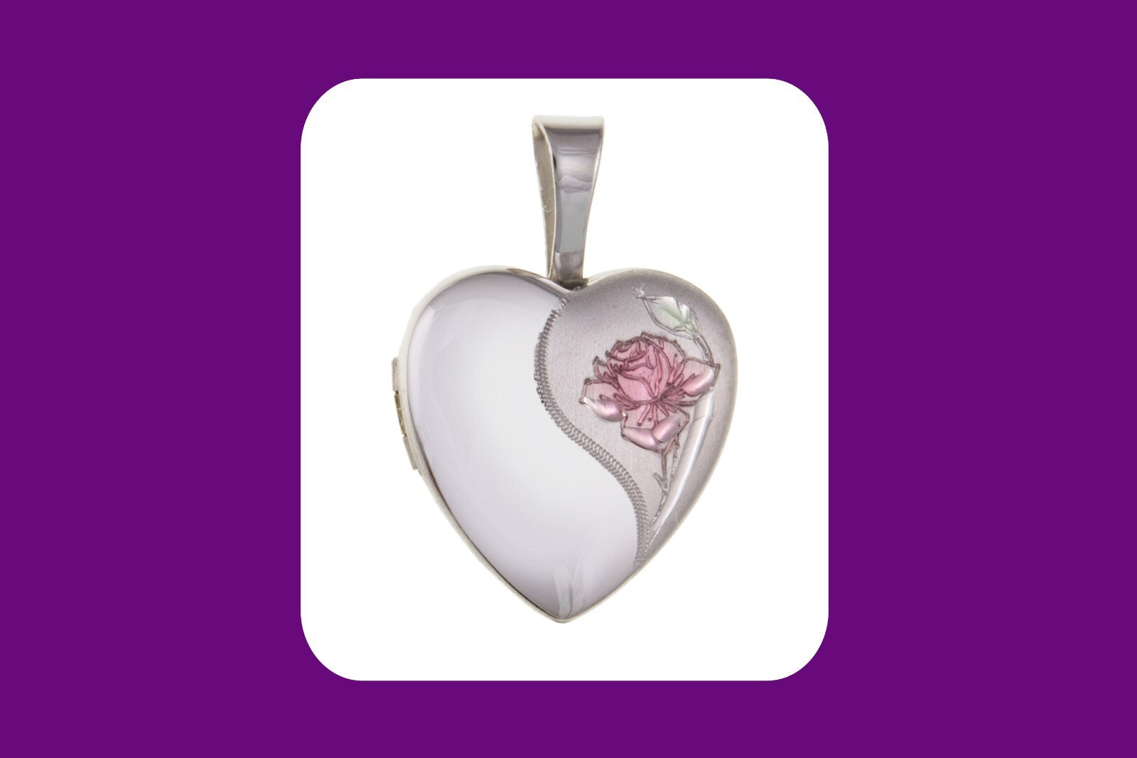 Elegant Pink Rose Heart Locket with intricate floral design in polished silver finish
