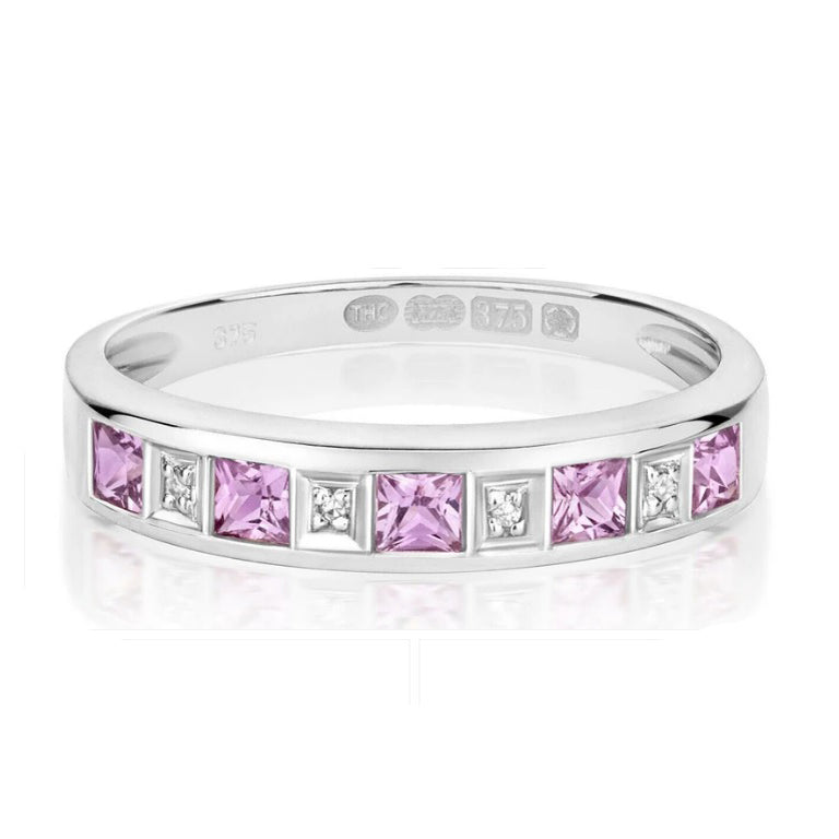 9ct White Gold Pink Sapphire and Diamond Eternity Ring Anniversary Band Size J-Q