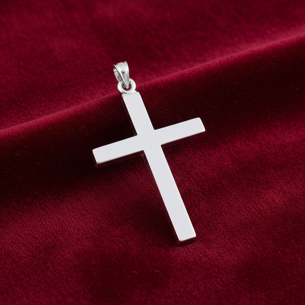 Plain Cross Pendant by J R Jewellery in polished silver, resting on a rich red velvet background