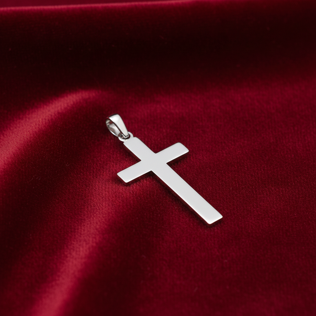 Plain Cross Pendant from J R Jewellery on a rich red background showcasing its sleek design