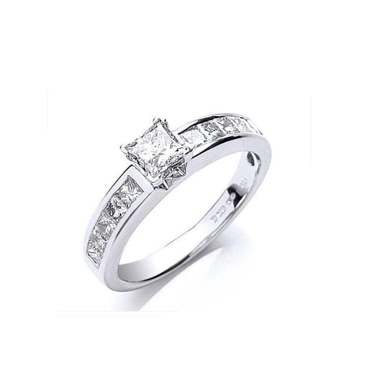 Elegant princess cut diamond ring 18ct white gold with channel-set side stones by J R Jewellery