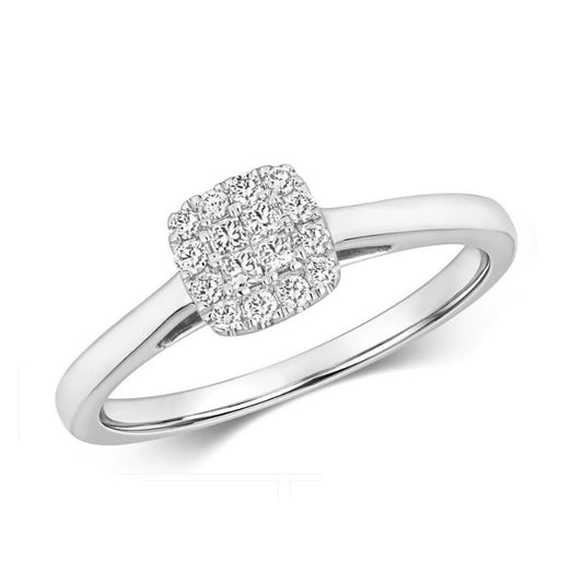 Real Diamond Cluster Ring Princess Cut Centre 9ct White Gold 0.20ctw Size J - Q