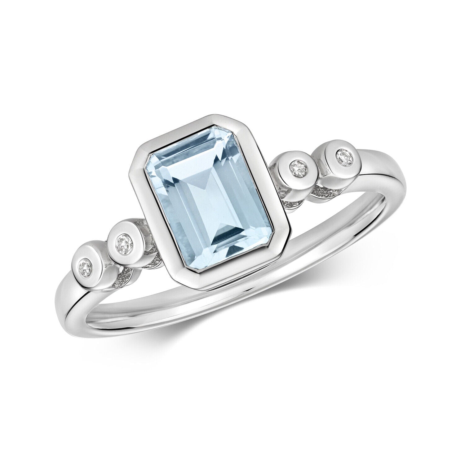 Real Aquamarine And Diamond Ring in silver with an emerald-cut aquamarine centre stone