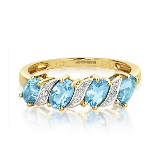 Real Blue Topaz And Diamond Eternity Ring with five blue topaz gemstones set in gold and silver