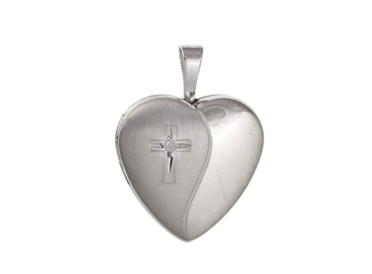 J R Jewellery Real Diamond Cross Heart Locket in polished silver with engraved cross design