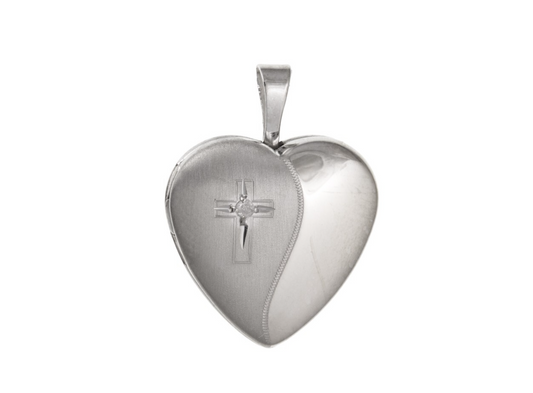 J R Jewellery Real Diamond Cross Heart Locket in polished silver with engraved cross design