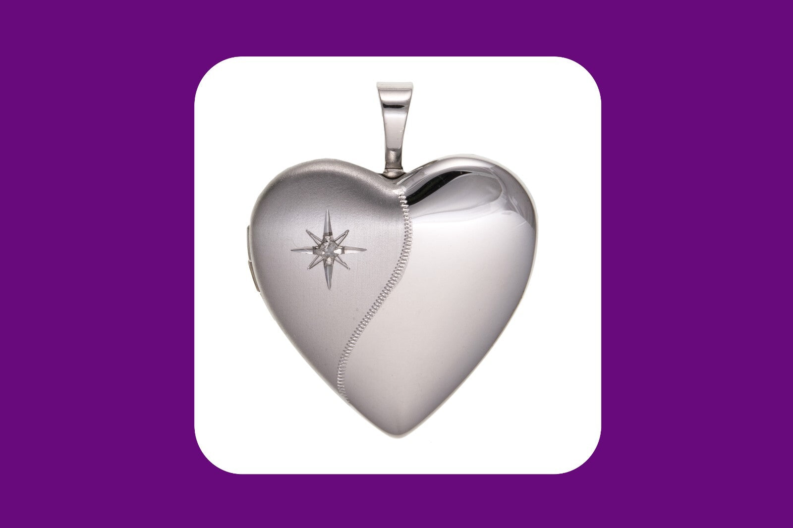 Real Diamond Heart Locket in polished silver with a star design for a timeless gift