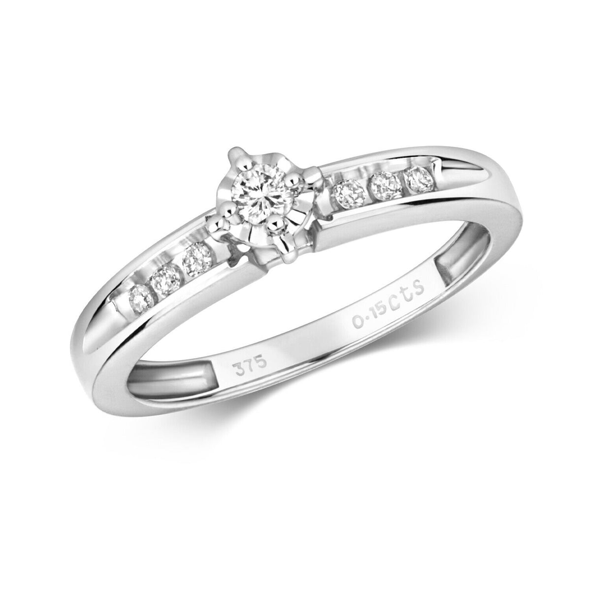 Real Diamond Solitaire Ring 9ct White Gold with a stunning diamond centerpiece and sparkling side stones