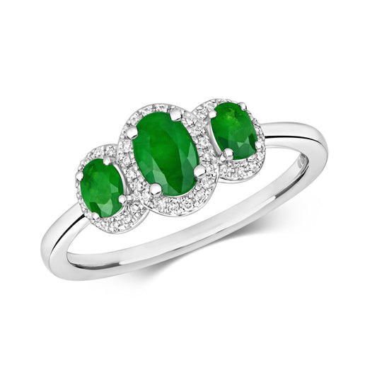 Real Emerald and Diamond Ring featuring three oval emeralds surrounded by sparkling diamonds