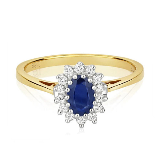 Elegant Real Sapphire And Diamond Ring set in gold with sparkling diamonds surrounding a blue sapphire