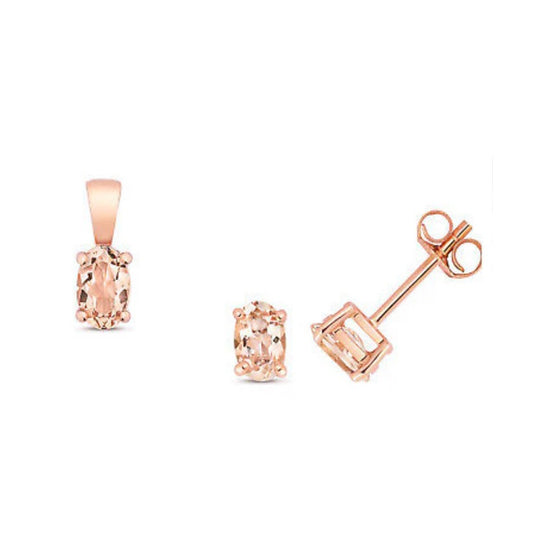 Morganite Pendant and Earrings Set Oval Solitaire Solid Rose Gold Hallmarked