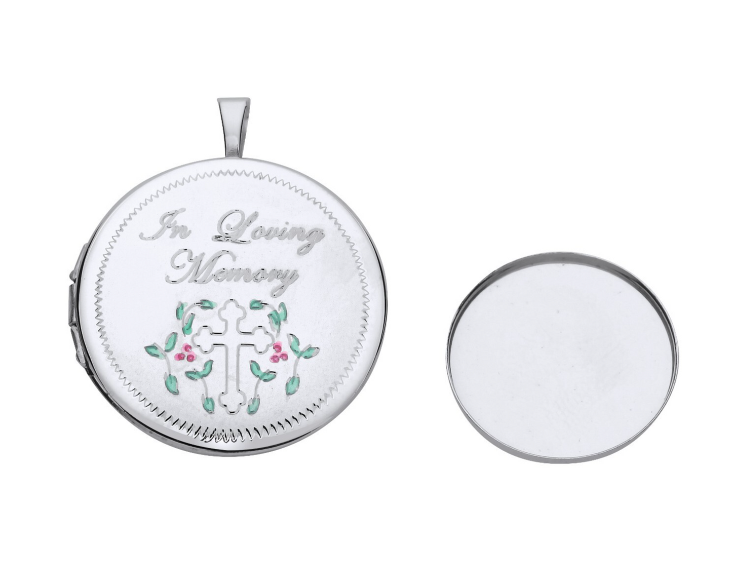 Round Memorial Locket in Silver with Floral Design and Cross, perfect for cherished memories