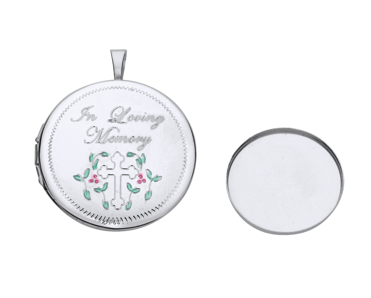 Round Memorial Locket in Silver with Floral Design and Cross, perfect for cherished memories