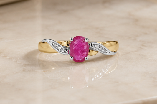 Ruby & Diamond Oval Gemstone Ring with a pink ruby and elegant gold band from J R Jewellery