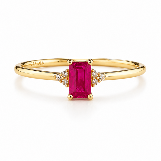 Ruby Emerald Cut Solitaire Ring in gold with diamond accents for elegant jewellery lovers