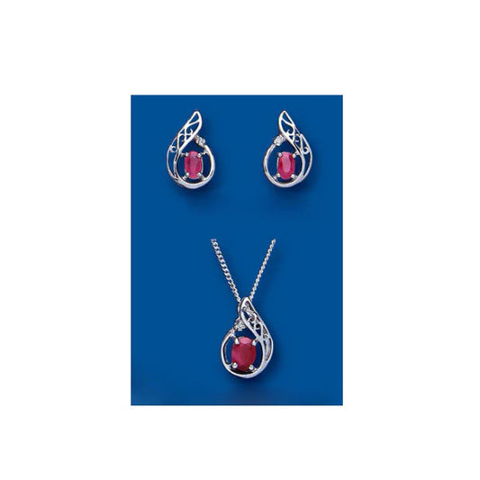 Ruby and Diamond Set Pendant and Earrings Solid Sterling Silver