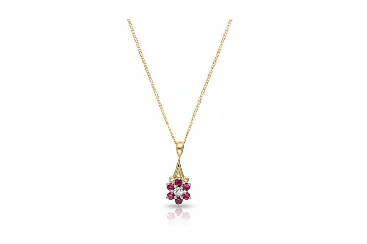 Ruby and Diamond Pendant Yellow Gold Cluster Necklace Hallmarked Natural Stones