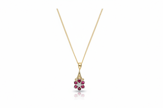 Ruby and Diamond Pendant Yellow Gold Cluster Necklace Hallmarked Natural Stones