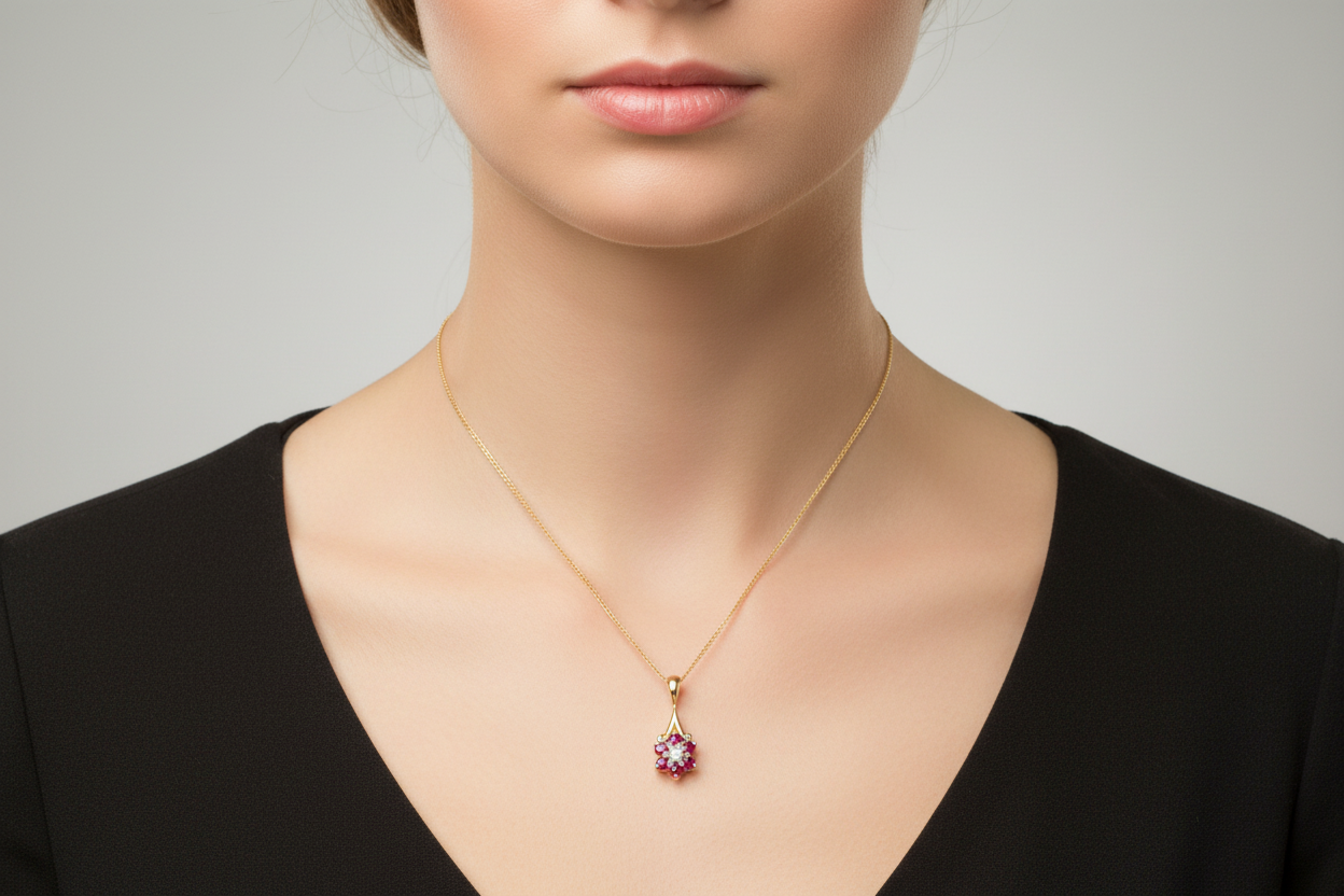 Ruby and Diamond Pendant Yellow Gold Cluster Necklace Hallmarked Natural Stones