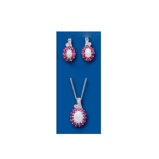 Ruby and Opal Pendant and Earrings Set With Diamond Solid Sterling Silver