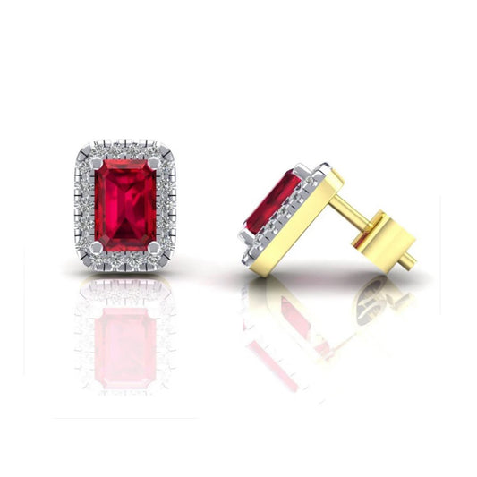 9ct Yellow Gold Ruby Cluster Stud Earrings Emerald Cut Studs Hallmarked