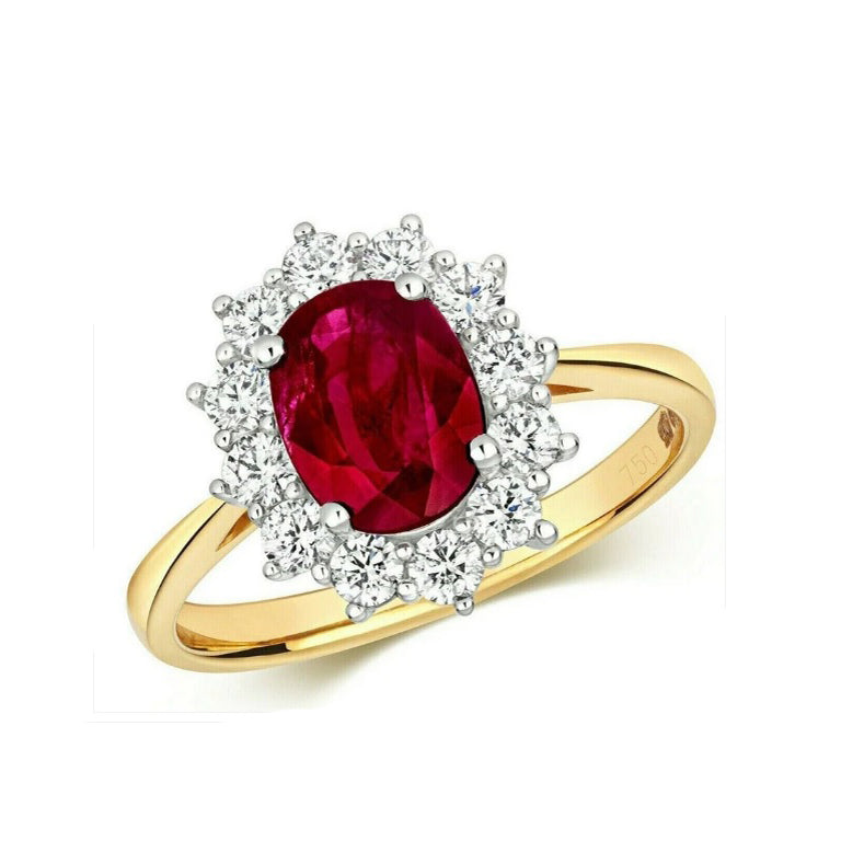 Real Ruby and Diamond Ring 18ct Yellow Gold Oval Cluster Engagement