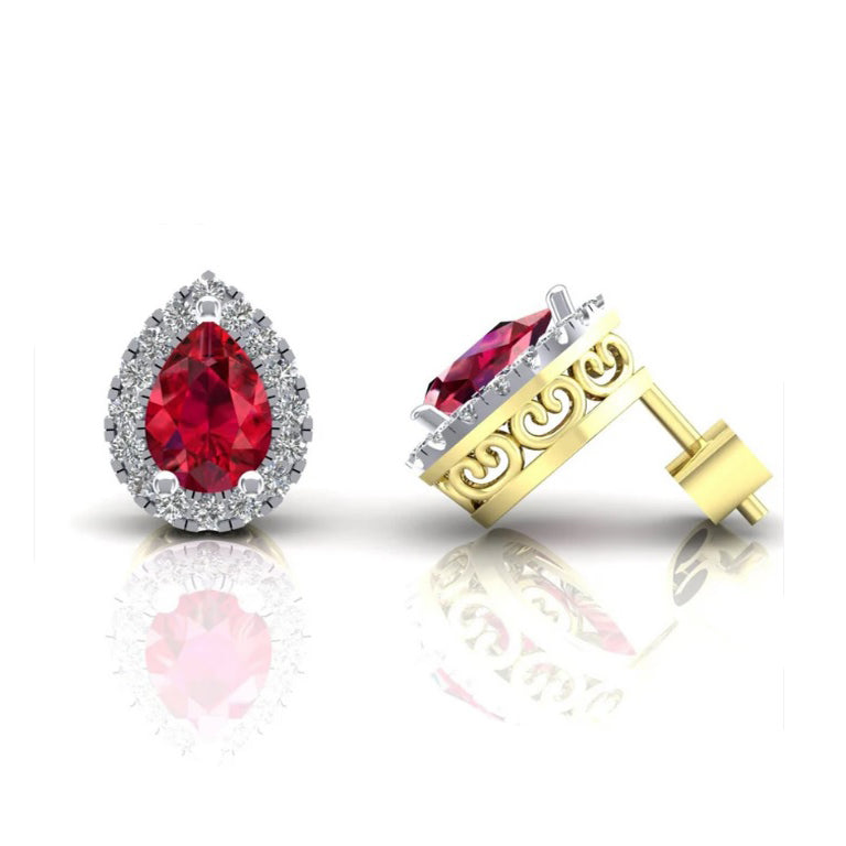 Ruby Pear Cluster Stud Earrings Solid 9ct Yellow Gold Hallmarked