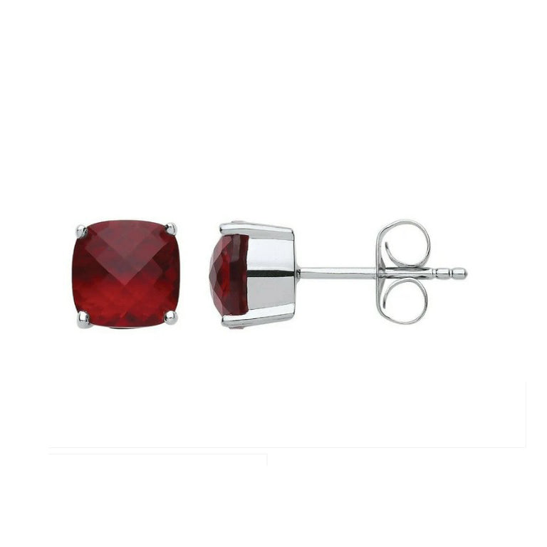 Ruby Cushion Solitaire Earrings Sterling Silver Rhodium Plated 925 Hallmark 8mm