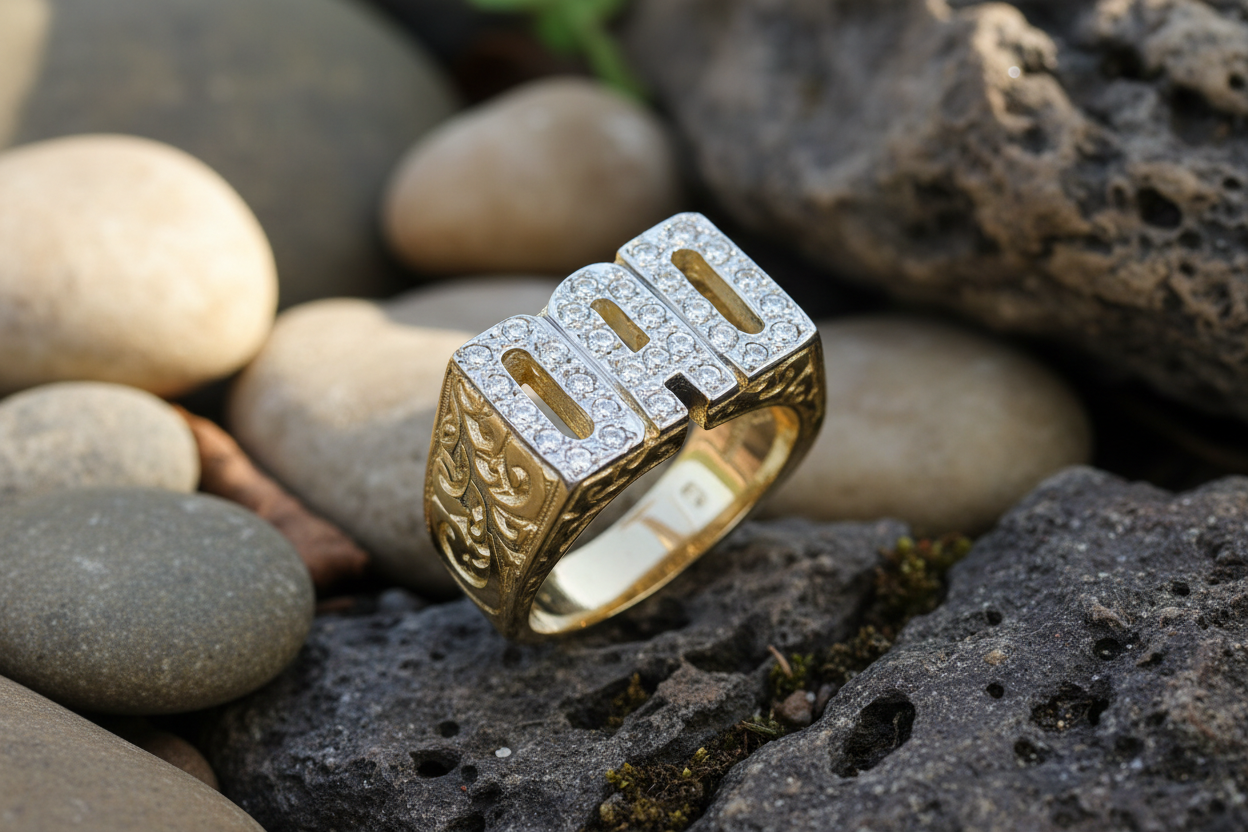 9ct Yellow Gold DAD Ring With Barked Sides Hallmarked