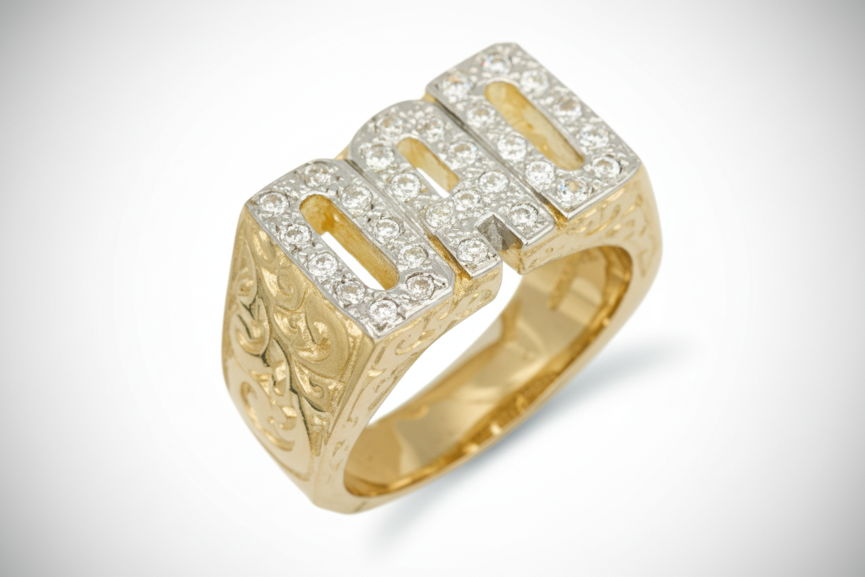 9ct Yellow Gold DAD Ring With Barked Sides Hallmarked