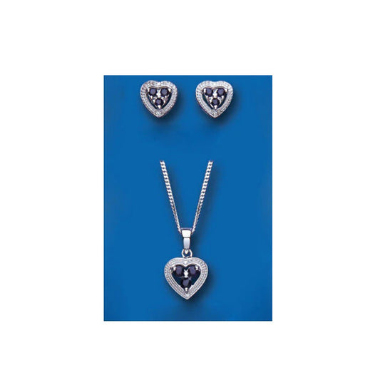 Sapphire and Diamond Heart Set Pendant and Earrings Solid Sterling Silver