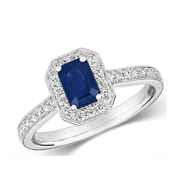 Real Sapphire and Diamond Ring 18ct White Octagon Cluster