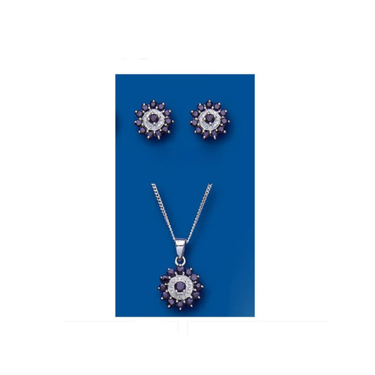 Sapphire and Diamond  Pendant and Earrings Set Solid Sterling Silver