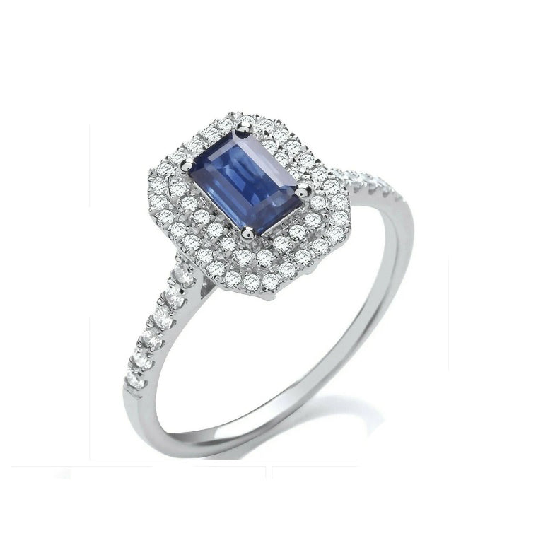 9ct White Gold 0.30ct Double Halo Diamond 0.66ct Emerald Cut Sapphire Ring