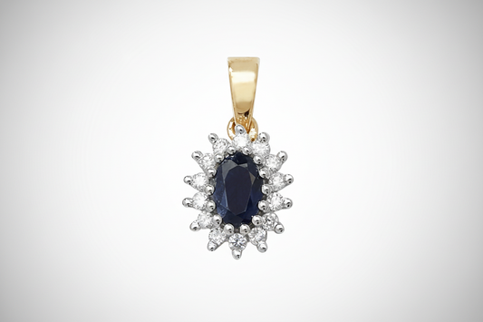 Sapphire and Diamond Oval Cluster Pendant Solid 9ct Yellow Gold Real Stones
