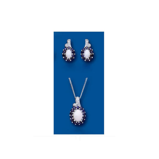 Sapphire and Opal Pendant and Earrings Set With Diamond Solid Sterling Silver