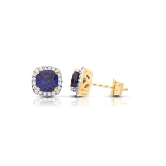 Sapphire Cushion Cluster Stud Earrings Solid 9ct Yellow Gold Hallmarked