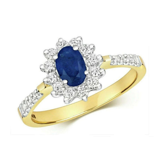 Real Sapphire and Diamond Ring 9ct yellow Gold Oval Cluster Engagement Size J-Q