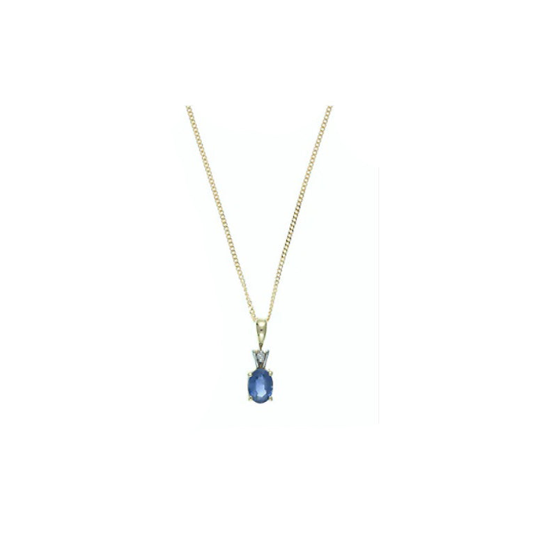 Kanchan Sapphire Solitaire and Diamond Pendant Solid  9ct Yellow Gold 16-18"