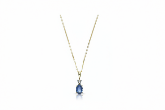 Kanchan Sapphire Solitaire and Diamond Pendant Solid  9ct Yellow Gold 16-18"