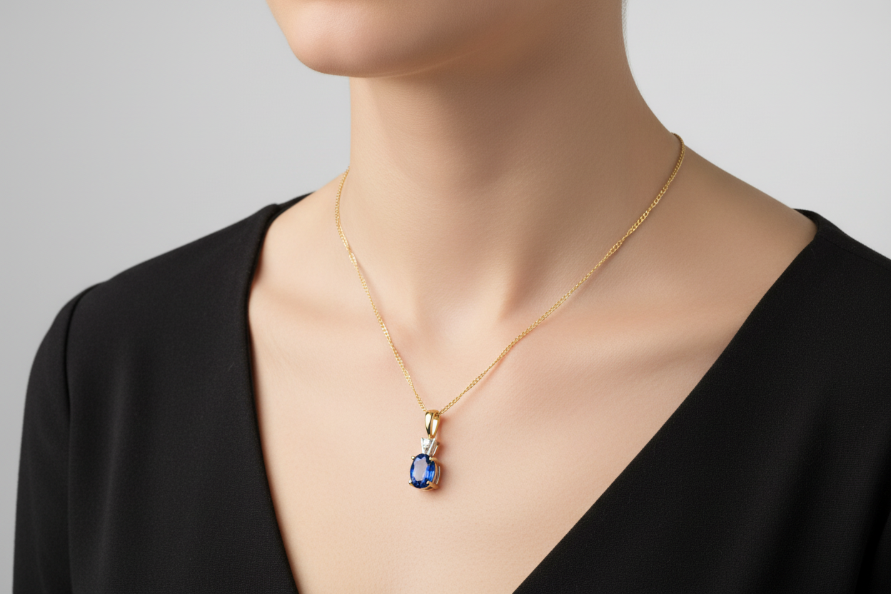 Kanchan Sapphire Solitaire and Diamond Pendant Solid  9ct Yellow Gold 16-18"