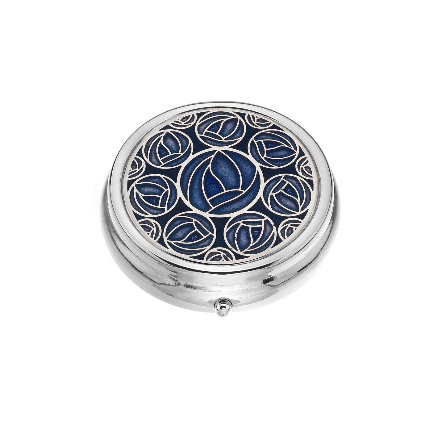 J R Jewellery Mackintosh rose pill box silver round case with blue enamel and art nouveau rose design
