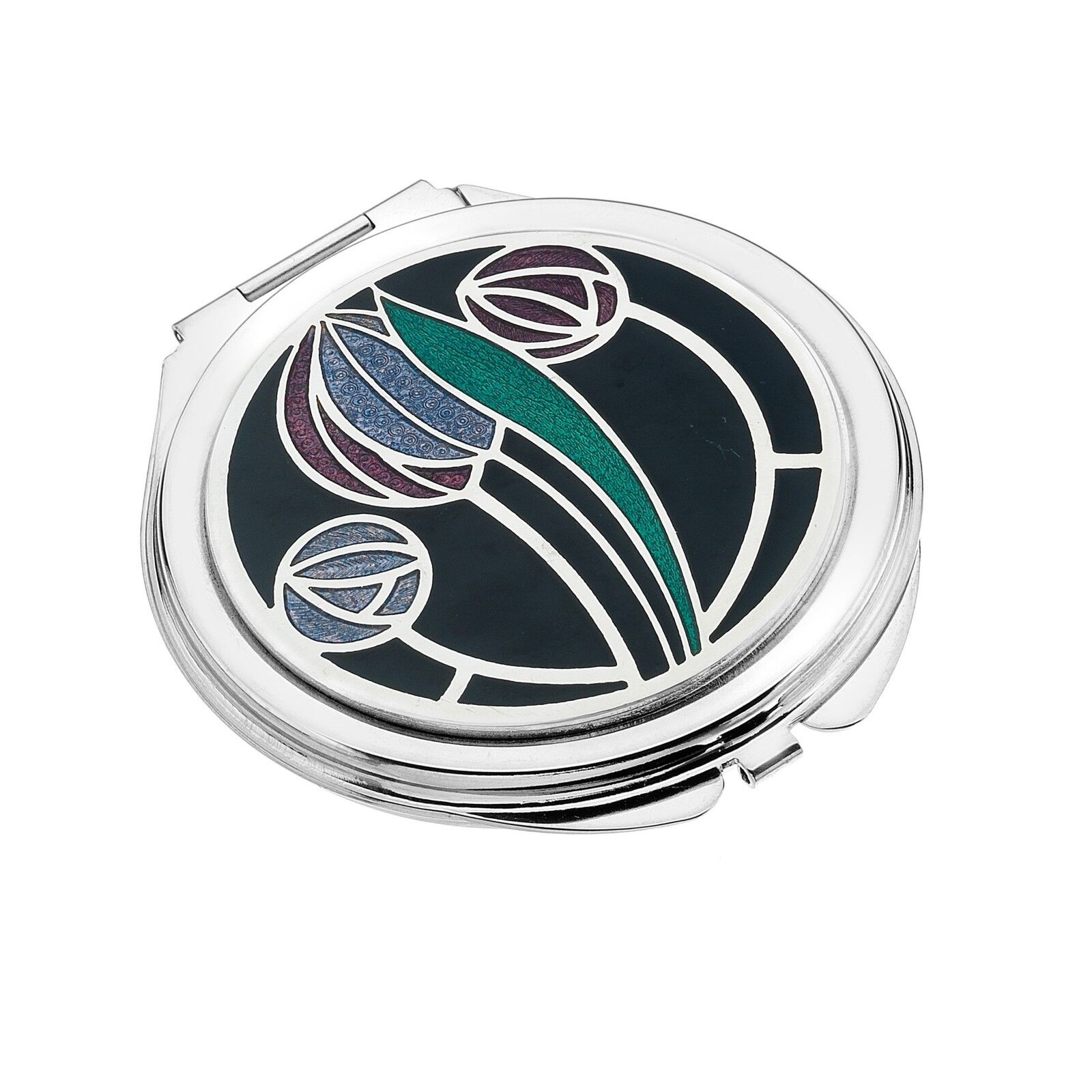 J R Jewellery silver plated compact mirror with art deco tulip enamel design in green and purple pocket size