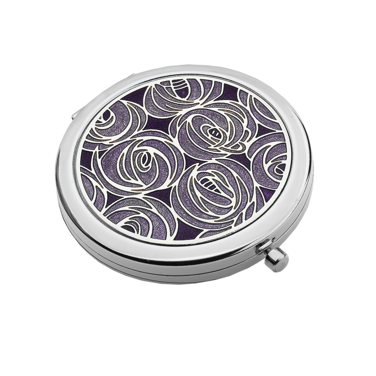 J R Jewellery silver plated compact mirror with purple rose filigree design and polished silver casing