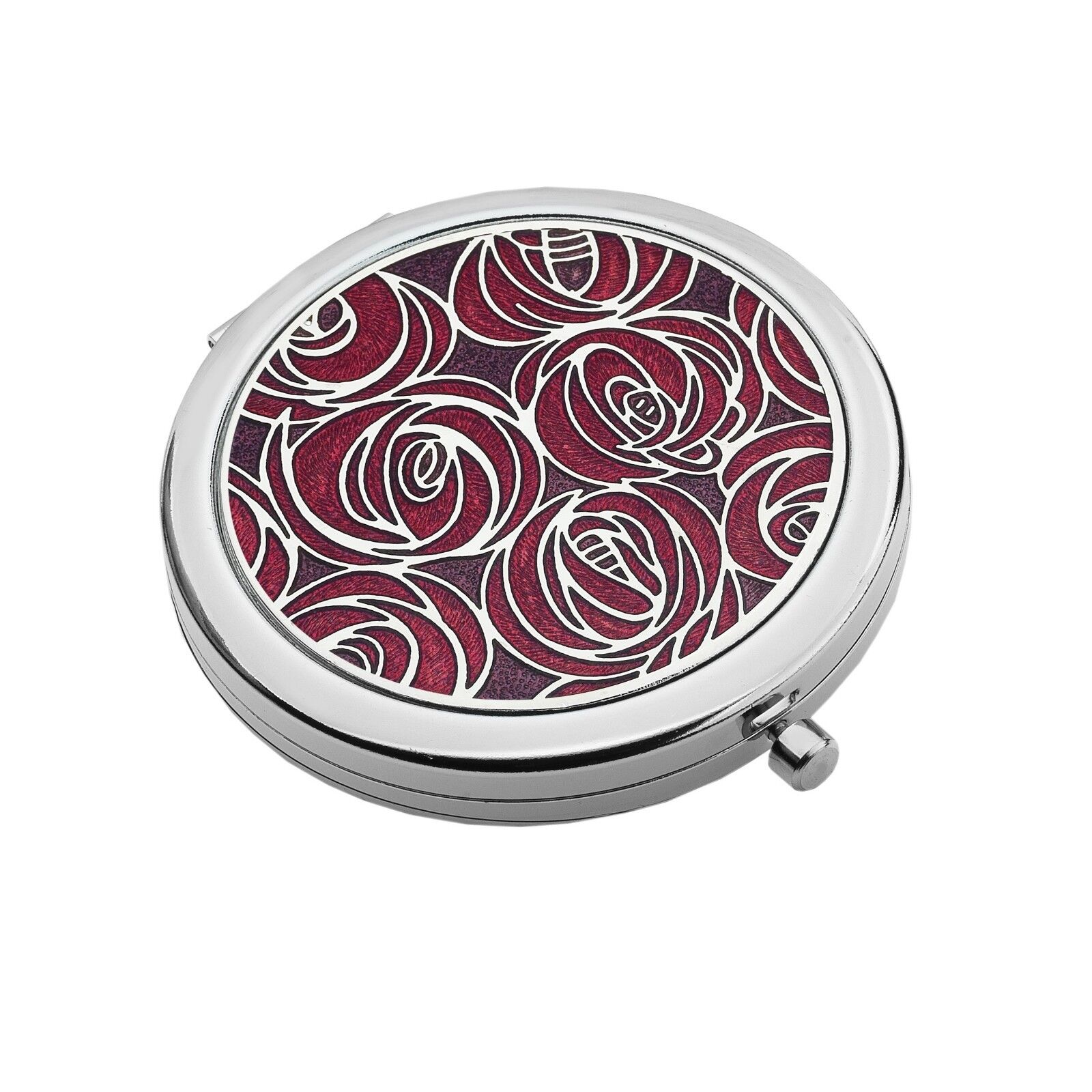 J R Jewellery silver plated compact mirror with red rose floral enamel top round pocket mirror with clasp