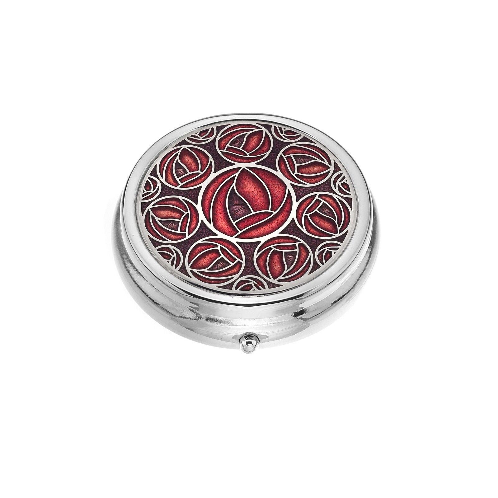 J R Jewellery Mackintosh rose pill box round silver compact with red enamel rose design for daily pills