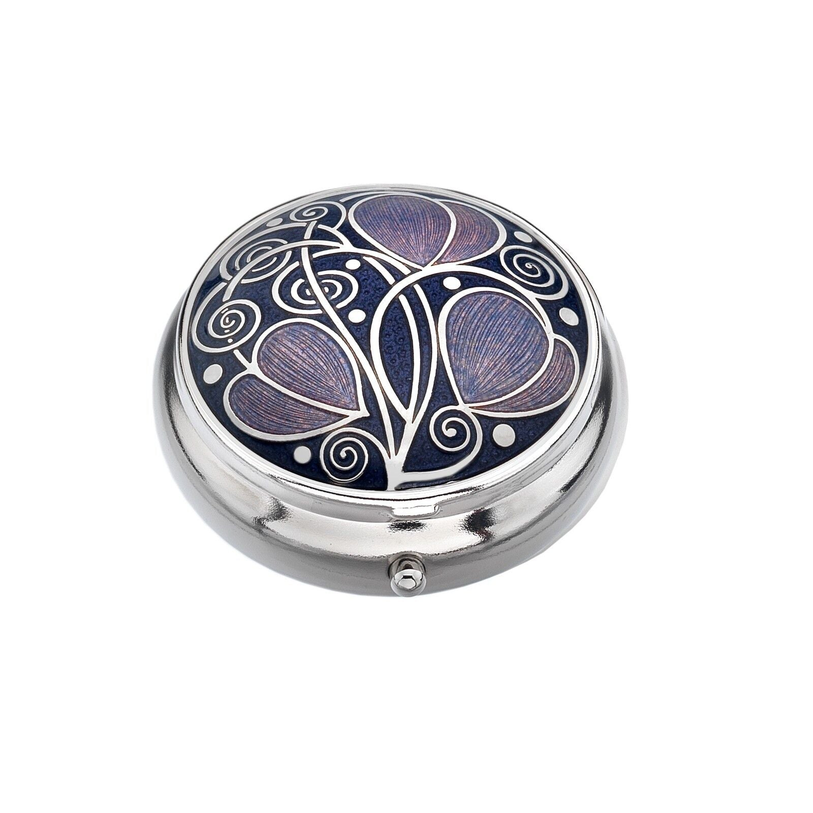 Pill Box Silver Plated Mackintosh Leaves and Coils. Round silver plated enamelled trinket box with navy and purple leaf design