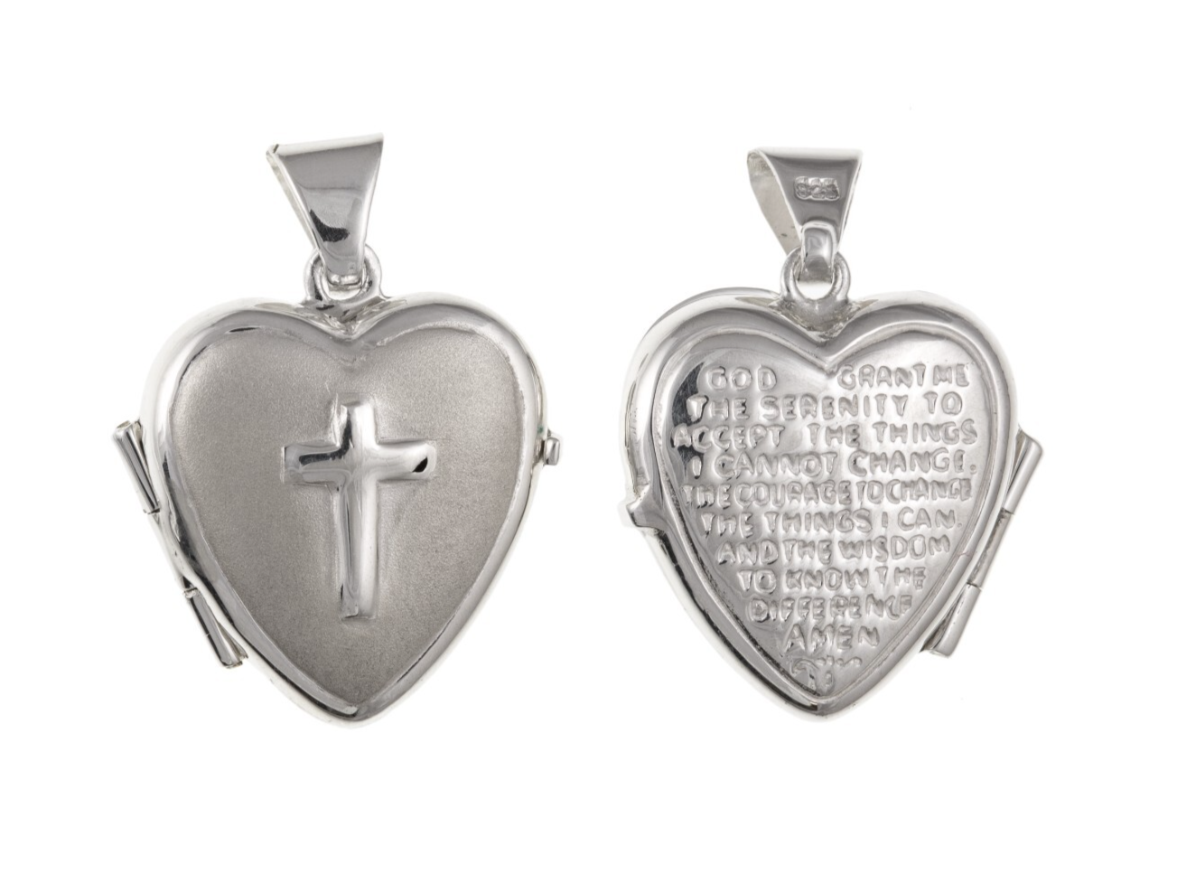 Silver Serenity Prayer Heart Locket with Cross and Engraved Prayer Message Inside