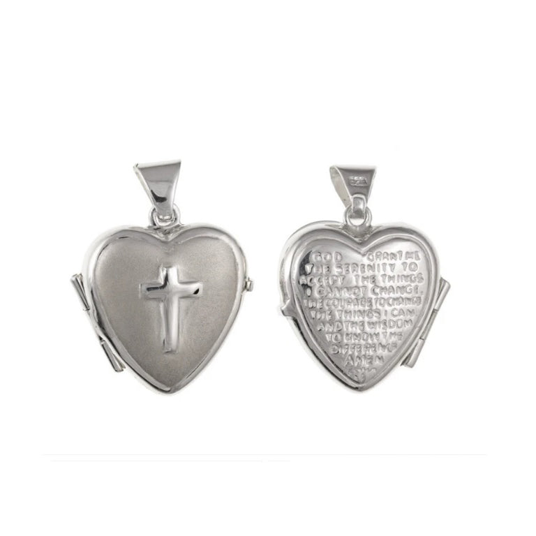J R Jewellery Serenity Prayer Heart Locket in Silver with Cross Design and Engraved Prayer